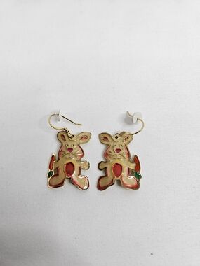 Source Unknown Gold-Tone Bunny Drop Earrings with Red and Green Enamel